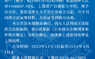 446万资金原主不明 西昌警方发公告寻人：6个月无人认领，将上缴国库 ！