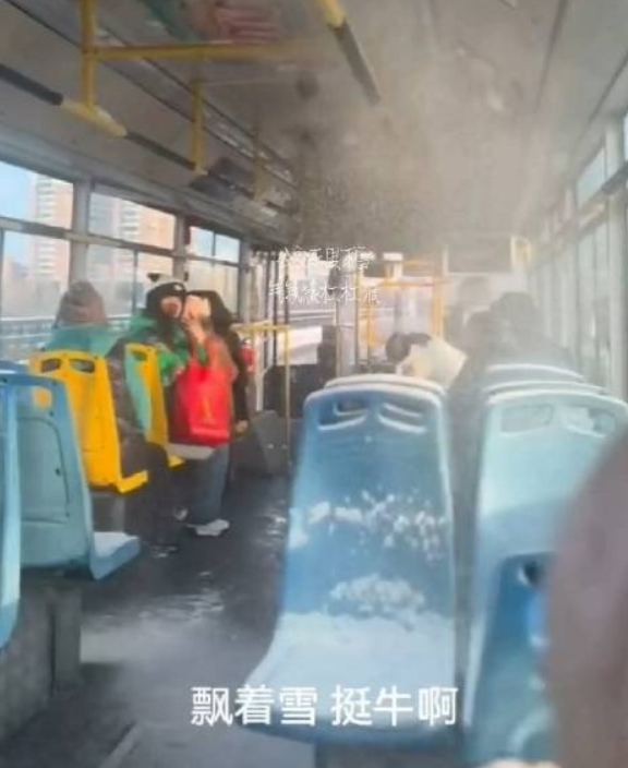东北公交车内下雪乘客淡定乘坐 ！​网友:雪国公交，气氛感杠杠滴！-第1张图片