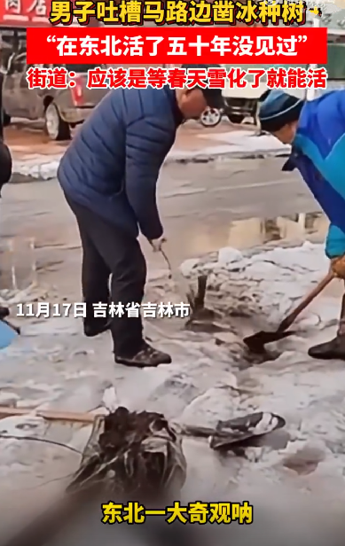 东北环卫工冬天凿冰种树 当地回应：有可能是冬天栽树明年雪化就活了 ！-第1张图片