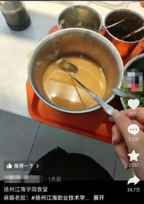 扬州一学院食堂麻酱盆中发现老鼠 !校方通报：监控确定有8人使用该调料 ！-第1张图片