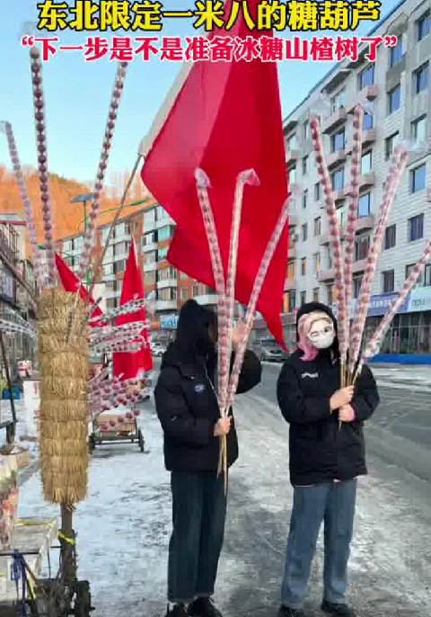 东北现“一米八”冰糖葫芦 ：吃的人要站在高处，从上到下一颗颗的吃 ！-第1张图片