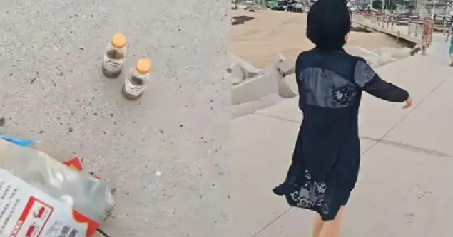 女子带大袋塑料瓶垃圾扔海里：路人质疑是污染，女子则解释称自己是好心！-第1张图片